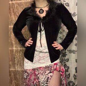 SOLD!!!!!!Black Velvet Feather Trim Tie-Front Jacket